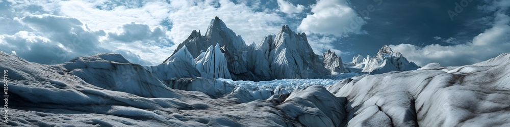 Poster panoramic view of the dramatic rock formations of the grey glacier with intricate patterns glowing u