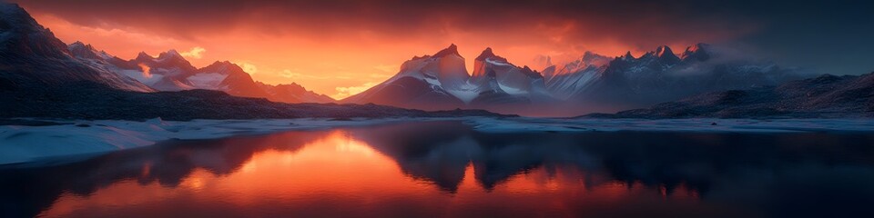 Fototapeta premium Panoramic view of the rugged peaks of Torres del Paine glowing under the fiery hues of sunset. with reflections shimmering on the icy waters below. in 4K resolution
