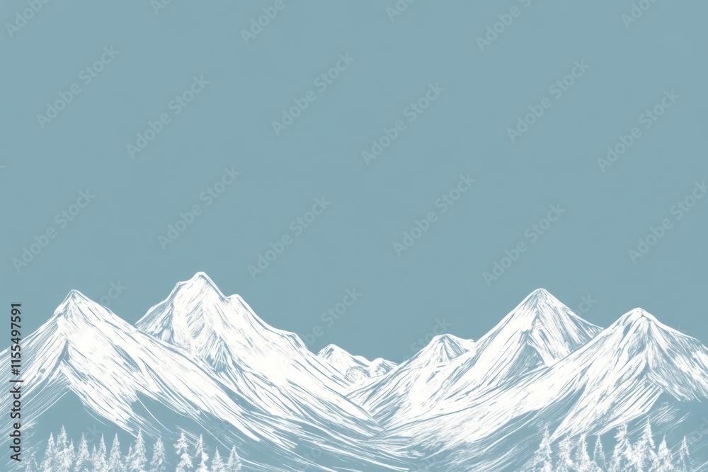 Fototapete winter doodle showcasing snowy mountains and pine trees with mock up space for minimalist design nee