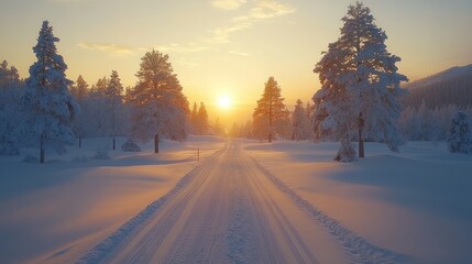 Snowy road through winter forest at sunset.