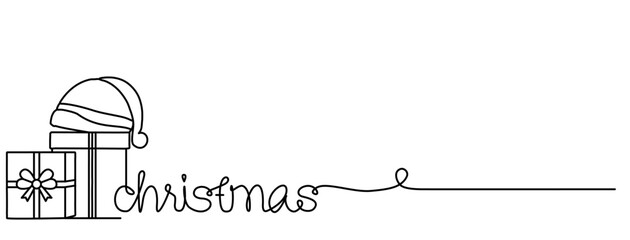 Gifts under Santa Hat, ONE LINE CHRISTMAS drawing