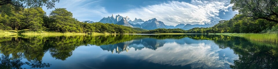 Fototapeta premium Panoramic view of the serene Laguna Amarga surrounded by lush summer greenery. with Torres del Paine reflected perfectly in the calm waters. in 4K resolution