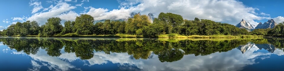 Panoramic view of the serene Laguna Amarga surrounded by lush summer greenery. with Torres del Paine reflected perfectly in the calm waters. in 4K resolution
