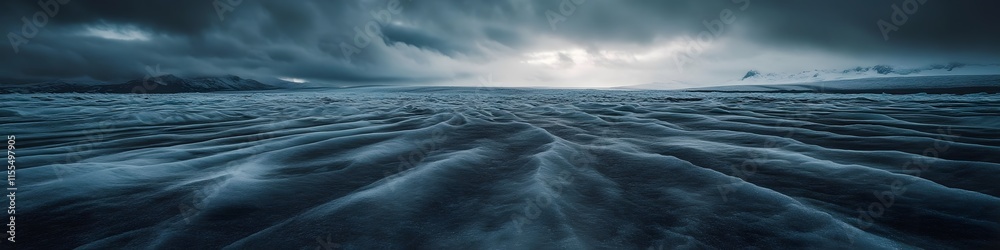 Poster wide shot of the dramatic southern patagonian ice field stretching into the horizon. with intricate 