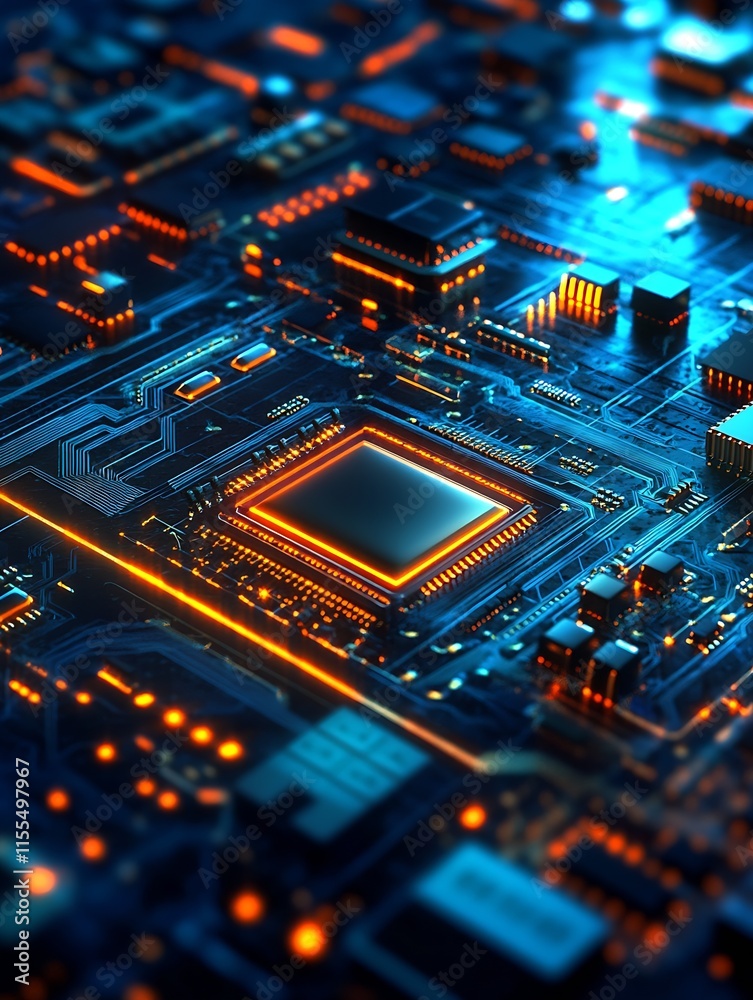 Poster futuristic circuit board with glowing orange and blue microchips : generative ai