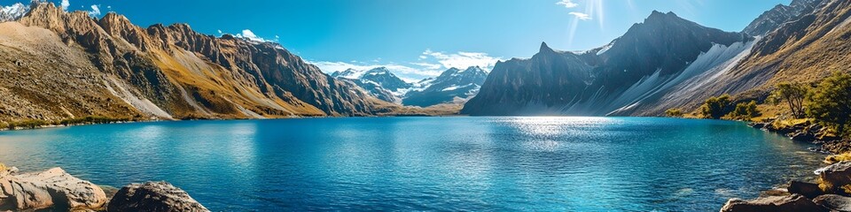 Panoramic view of the rugged mountains framing Lake Sarmiento. with the vibrant blue waters glowing under bright sunlight. in 4K resolution