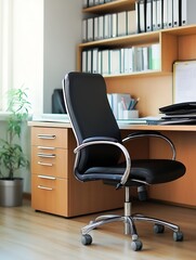 Modern Minimalist Office Desk Setup with Black Leather Chair and Natural Light : Generative AI