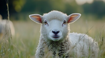 Fototapeta premium Young Sheep Grazing on Summer Meadow with Soft Wool and Serene Expression : Generative AI