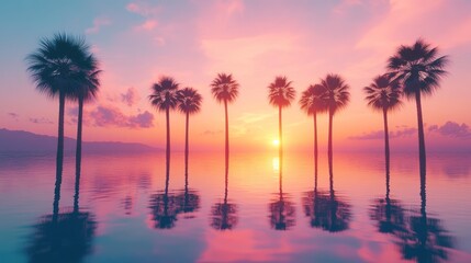 Serene sunset over calm ocean with palm trees reflecting in water.