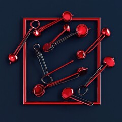 Red measuring spoons scattered inside a red square frame on a dark blue background.