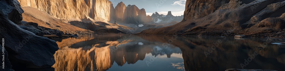 Poster a panoramic view of the torres del paine towers illuminated by the golden light of sunrise. with ref