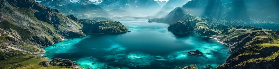 Obraz premium Aerial panorama of Lake Pehoe glowing in vibrant turquoise hues. surrounded by jagged peaks and lush summer vegetation. in 4K resolution