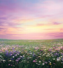 Fototapeta premium Colorful Wildflower Meadow Under a Serenity Sky at Sunset with Gentle Pastel Hues and Lush Green Grass, Ideal for Nature and Landscape Photography Enthusiasts