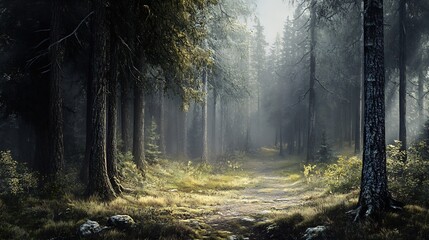 Obraz premium Moody forest pathway surrounded by tall trees and atmospheric fog creating a mystical ambiance : Generative AI