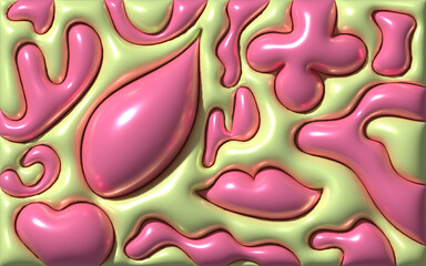 Inflated pink figures with shiny soft surface, 3D rendering illustration