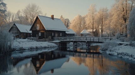 Snowy winter scene with wooden houses and bridge reflecting in calm water.