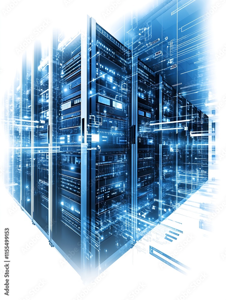 Poster HighTech Server Room with Digital Data Interfaces and Blue Light Effects : Generative AI