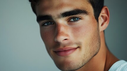 Fototapeta premium Close-Up of Young Man Looking Thoughtfully to Side and Smiling at Lens Against Simple Gray Background