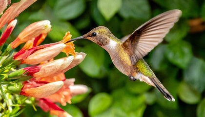 Fototapeta premium Hummingbird Hovering in Mid-Air, Sipping Nectar from a Vibrant Flower