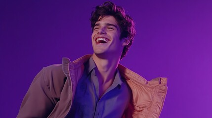 A Man Confidently Laughing Taking Off His Jacket Against a Dynamic Purple Background
