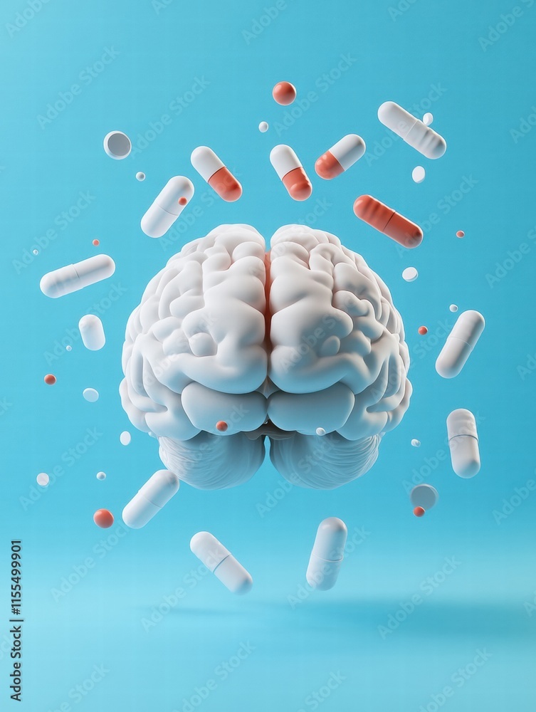 Poster 3d model of human brain surrounded by various pills and capsules on blue background in a creative he