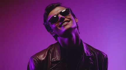 Rising Camera Reveals Man's Confident Smile in Leather Jacket and Sunglasses on Purple Background