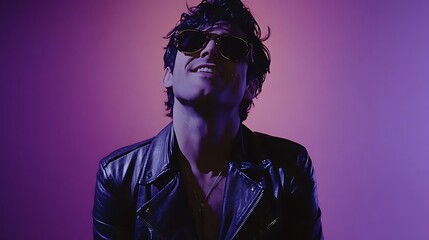 Camera Focuses on Leather Jacket and Rises to Man's Confident Smile Against Purple Background