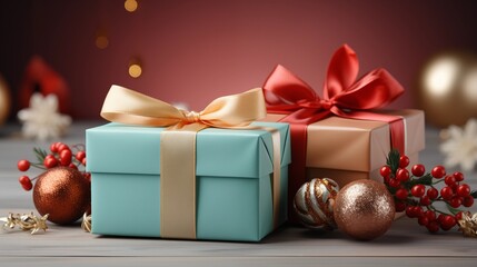 Two multicolor gift boxes with red ribbon with flowers and simple solid color background.