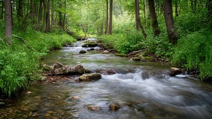 Obraz premium Forest River Cascading Through Dense Green Woods with Clear Water Flow : Generative AI