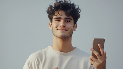 Smiling Young Man Holding Smartphone Inviting Gesture and Relatable Expressions Against Gray Background