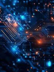 Fototapeta premium Futuristic Blue and Orange Circuit Board Pattern with Digital Connectivity : Generative AI