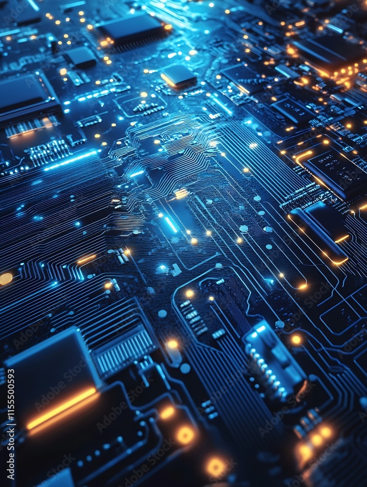 Leinwandbilder blue and orange circuit board with high tech components and glowing lights : generative ai