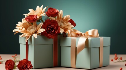 Two multicolor gift boxes with red ribbon with flowers and simple solid color background.