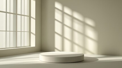 A white room with a window and a white pedestal in the center. Background for display your product. Podium mock up for product presentation.