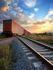 Obraz premium Empty Freight Train on Railway Track with Dramatic Sunset Sky Backdrop : Generative AI