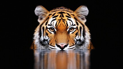 Naklejka premium Majestic tiger's head and reflection in dark water.