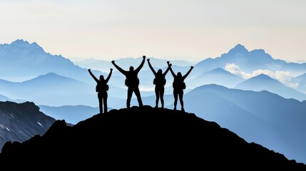 Small Group of Hikers Celebrating Achievement with Hands Raised Against Scenic Mountain Background