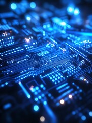 Obraz premium Futuristic glowing blue circuit board with digital connections and advanced technology components : Generative AI
