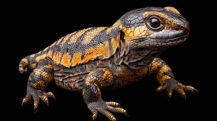 Obraz premium Close-up of a vibrant, small lizard with yellow and black stripes, isolated on a black background.