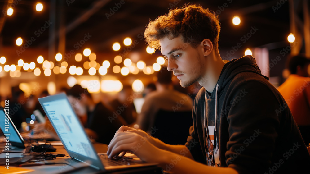 Poster young man focused on coding at a tech event in a dimly lit venue with string lights in the backgroun