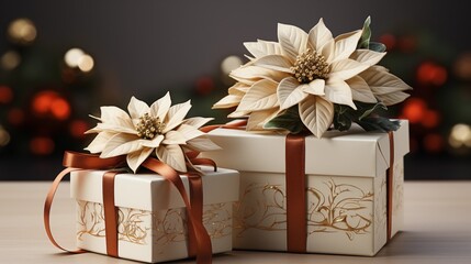 Two white gift boxes with red ribbons and poinsettia flowers.
