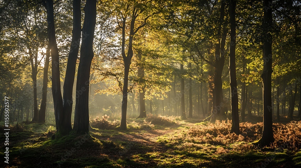 Poster Golden Sunlight Filtering Through Autumn Trees in Vibrant Forest Setting : Generative AI
