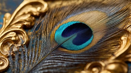 Close-up of a vibrant peacock feather in a gold frame. © afif