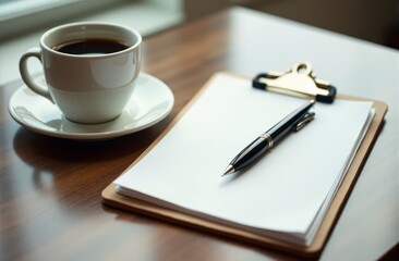 A cup of coffee and a pen on a clipboard on a table