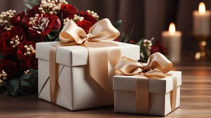 Two white gift boxes with red ribbons and poinsettia flowers.