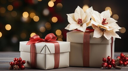 Two white gift boxes with red ribbons and poinsettia flowers.