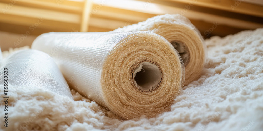 Poster rolls of soft fabric stacked on a textile workshop table