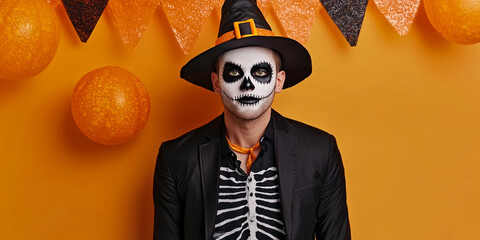 Man in skeleton costume celebrates Halloween festival