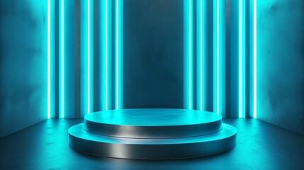 A blue neon lighted stage with a silver pedestal in the center. Background for display your product. Podium mock up for product presentation.