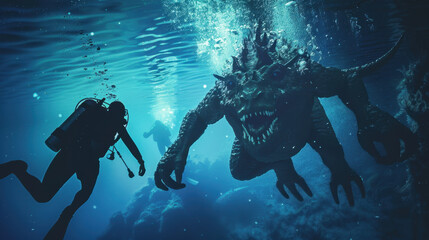 scuba diver in the sea with a scary monster
